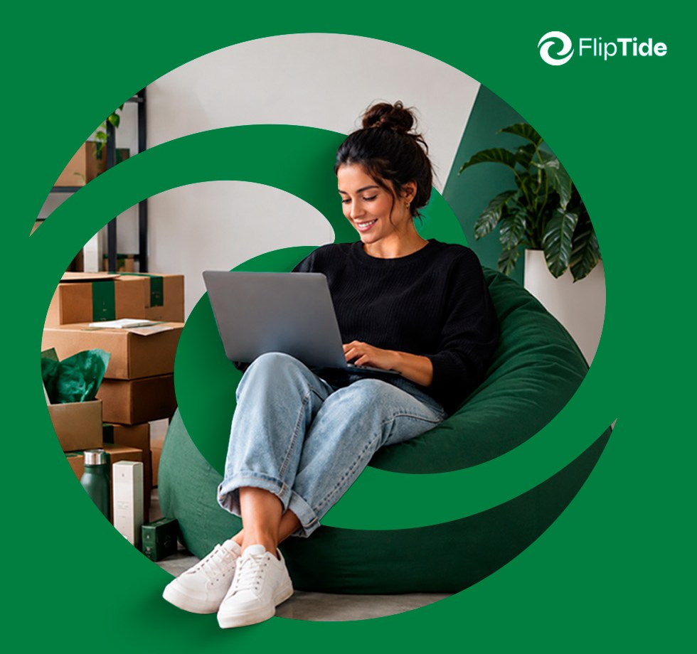 A seller working on a laptop beside packed boxes, framed by the FlipTide swirl